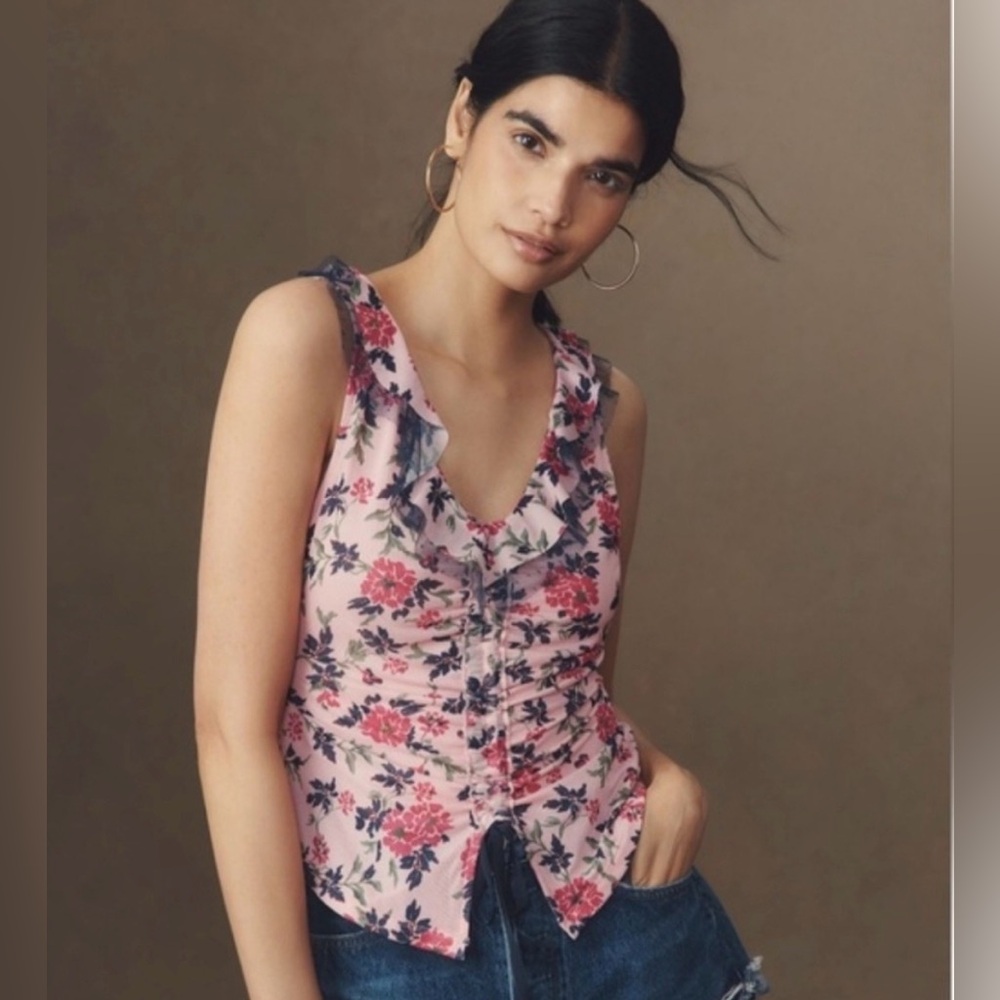 NWT Anthropologie Maeve Floral Ruched Mesh Top Size Medium